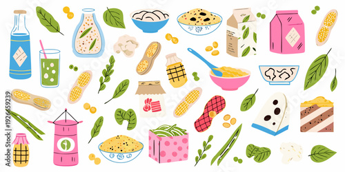 A colorful collection of various soy based foods and ingredients