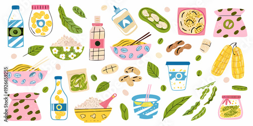 Colorful illustration of various japanese foods and ingredients arranged playfully