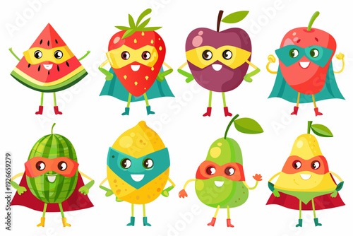 Cartoon superhero fruits with capes and smiling faces displayed together