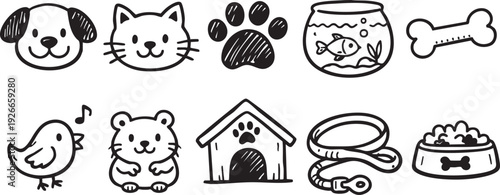Charming collection of hand drawn doodle icons representing various domestic pets and their essential supplies for animal care.