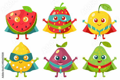 Superhero fruits with capes and masks watermelon strawberry lemon plum and pear