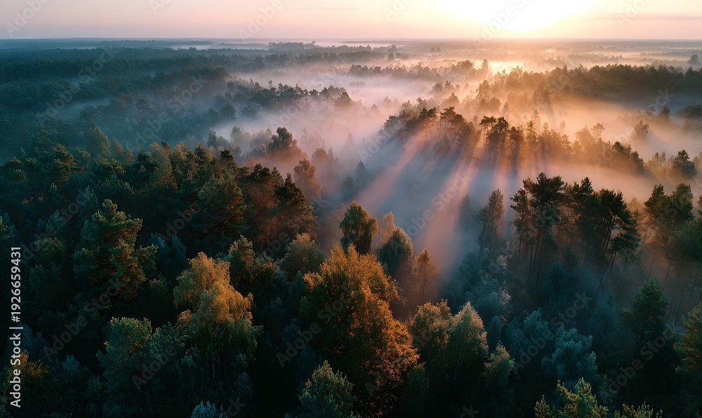 Obraz premium Aerial drone view captures a misty forest landscape at sunrise where golden god rays pierce through fog to illuminate the majestic treetops.