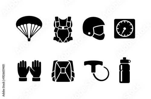 Parachuting equipment: parachute, harness, helmet, altimeter device, gloves, backpack, ripcord handle, water bottle