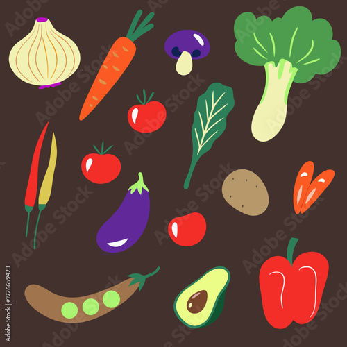 Colorful illustration of various fresh vegetables and fruits arranged randomly