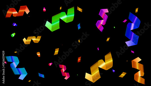 Large colorful streamers randomly scattered on a plain black background. Minimal festive composition with fewer but bigger curled ribbons, creating a bold party atmosphere against a dark backdrop.
