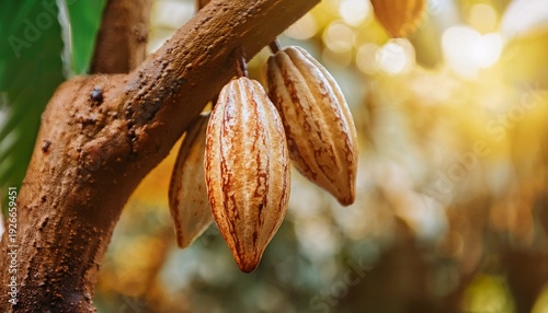 A close-up of cacao pods hanging from a tree branch, glistening under natural sunlight 8