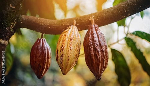 A close-up of cacao pods hanging from a tree branch, glistening under natural sunlight 7
