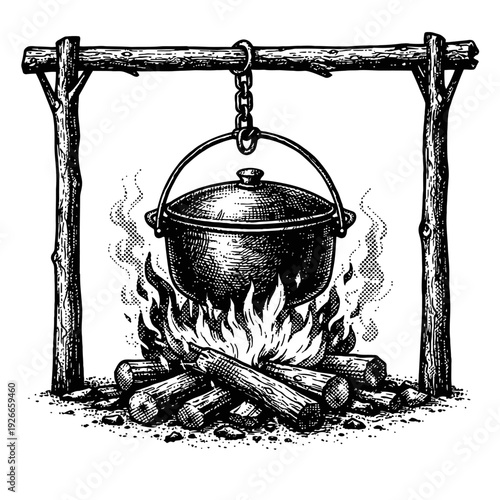 Vintage Engraved Illustration of a Traditional Campfire Cooking Scene with a Rustic Cast Iron Pot Suspended by a Chain Over Blazing Logs on a Handmade Wooden Tripod Stand, Capturing the Essence of Out