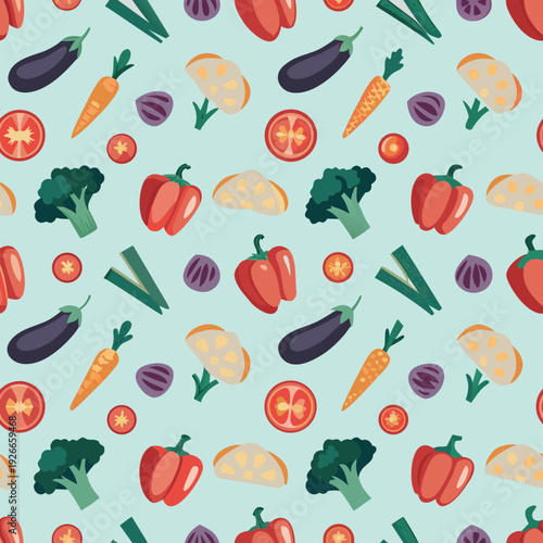 Colorful pattern of fresh vegetables and fruits on a light blue background