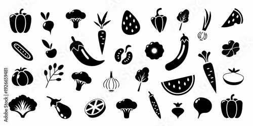 Black and white silhouettes of various vegetables and fruits arranged closely