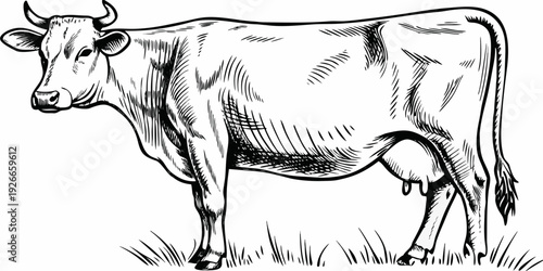 Detailed sketch of a cow standing in a grassy field
