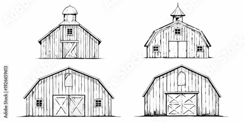 Four sketches of traditional barns with varying roof styles
