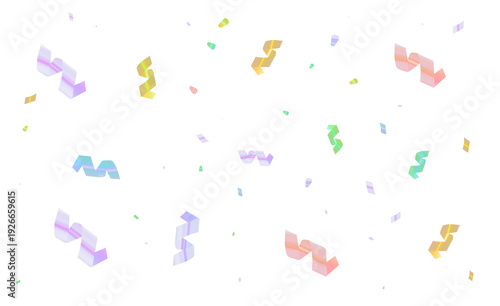Multicolored confetti and swirling streamers of various shapes, sizes and colors. PNG format, isolated on transparent background, festive decoration.
