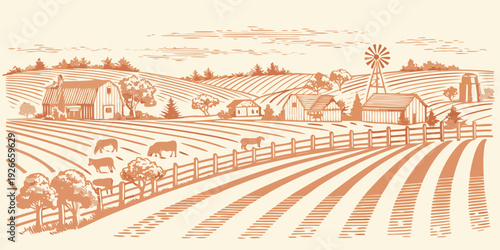 A vintage illustration depicts a peaceful rural farm landscape with cattle