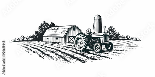 Vintage tractor and barn illustration in a rural agricultural landscape