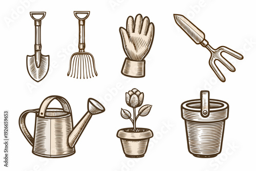Vintage gardening tools illustration featuring a watering can and flower