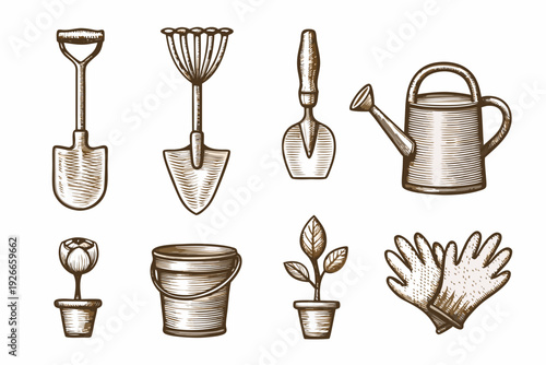 Vintage gardening tools and plants in a sketched illustration style