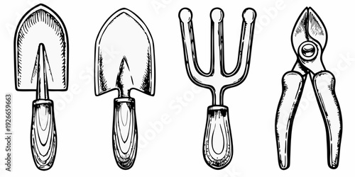 A collection of vintage gardening tools in a black and white sketch