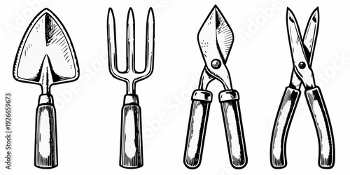 Vintage gardening tools displayed in a simple black and white illustration