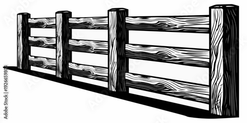 A black and white illustration of a wooden post and rail fence