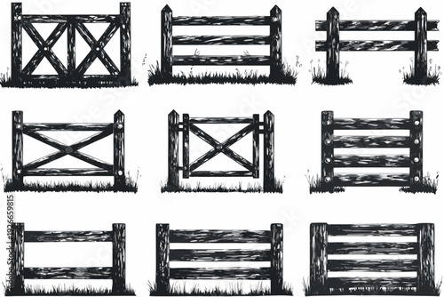A collection of nine hand drawn black and white wooden fence designs