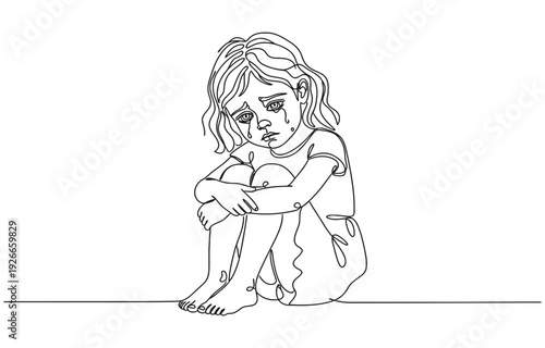 Continuous one line drawing little girl hug her doll and cry or scared or sad or feel bad.