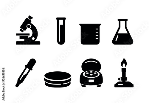 Laboratory equipment: microscope, test tube, beaker, flask, pipette, petri dish, centrifuge, laboratory burner