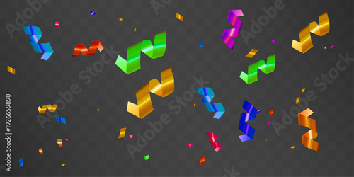 Colorful confetti and curled streamers of various shapes, sizes, and colors scattered on a dark checkered background. Festive decoration illustration.