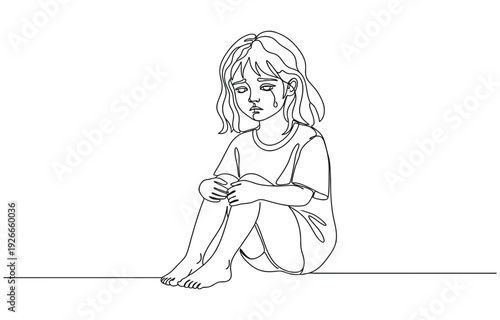 Continuous one line drawing little girl hug her doll and cry or scared or sad or feel bad.