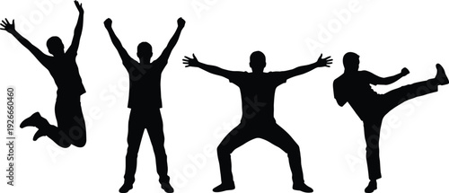 Active men silhouettes jumping, celebrating and practicing martial arts kick, dynamic sport and fitness black vector illustration isolated on white background