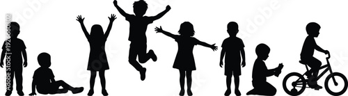 Children silhouette collection with boys and girls playing, jumping and riding bicycle, cute kid black vector illustration isolated on white background
