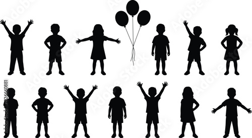 Children silhouette collection with boys and girls standing, waving and holding balloons, cute kid black vector illustration isolated on white background
