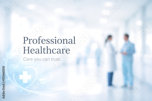 minimal healthcare website background. Blurred medical professionals talk in a bright hospital corridor with healthcare icons and the text 