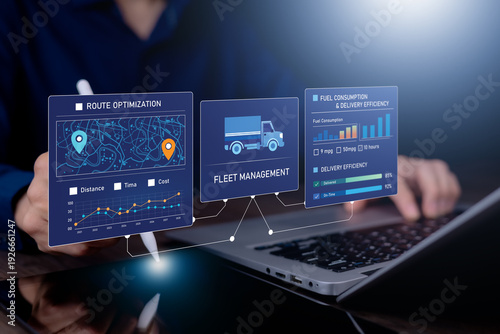 Photos Digital fleet management and logistics analytics interface showing route optimization, delivery performance monitoring and supply chain efficiency using smart transportation technology