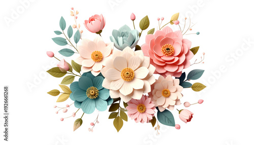 A vibrant bouquet of flowers in full bloom with a variety of colors and types isolated on transparent background