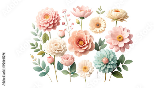 A beautiful bouquet of roses and other flowers in a variety of colors and shades isolated on transparent background