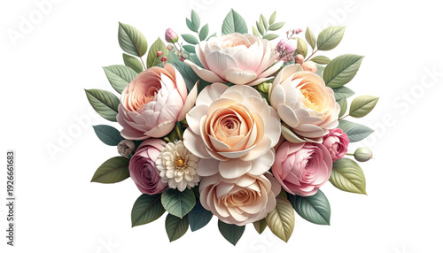 A beautiful bouquet of flowers with a variety of colors and types isolated on transparent background
