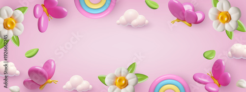 Children background in cute 3d style with pink, girly spring and summer elements - flowers, butterflies, clouds and rainbows. Vector illustration.