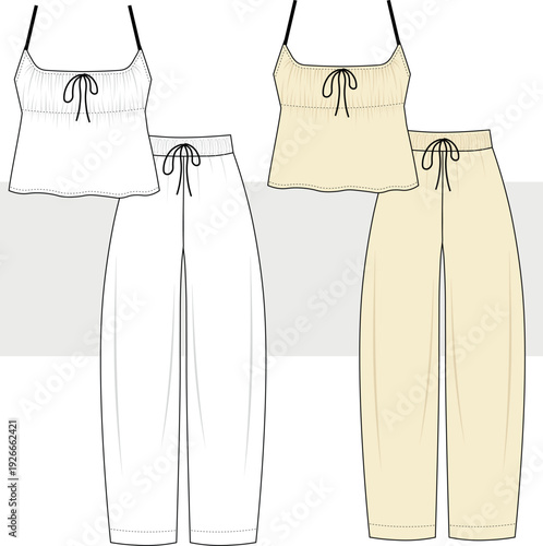 Gathered sleeveless tank top and balloon bottom pajama fashion technical drawing, illustration. Loungewear, Home wear, pajamas set vector. Cad, Mockup.
