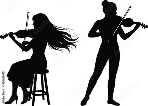 Female violinist silhouettes with seated and standing musicians performing classical music, elegant black vector illustration isolated on white background for concert design