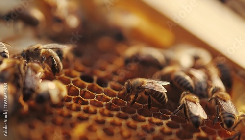Bees swarming on honeycomb, extreme macro footage. Insects working in wooden beehive 3