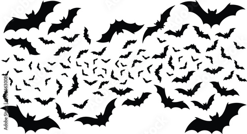 Flying bat silhouettes collection with spooky Halloween swarm, black vector illustration isolated on white background for horror and night design