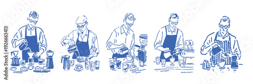 Hand drawn barista sketch set with coffee making scenes in vintage doodle line art style