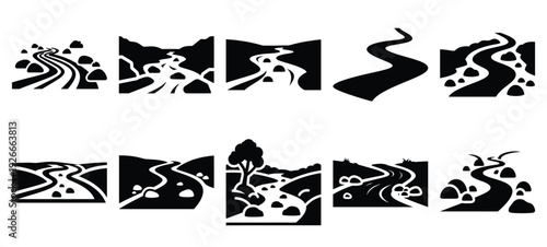 silhouette nature brook stream drawing icons and set of graphics nature elements
