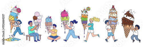 Cartoon kids holding giant melting ice cream cones in playful summer illustration set with oversized scoops