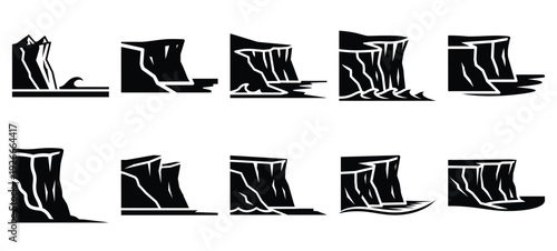 silhouette nature coastal cliff drawing icons and set of graphics nature elements