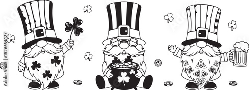 St. Patrick’s Day gnome trio illustration with shamrocks pot of gold beer mug festive Irish celebration vector design