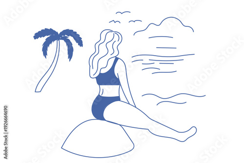 Woman Looking at the Sea. Abstract Female Character Romantic Dreamy Silhouette. Summer Tropical Exotic Resort Travel and Vacation Theme. Contour Drawing Graphic Design.