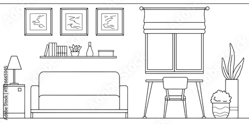 Living room graphic black white home interior sketch illustration vector 