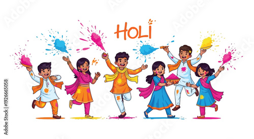 Celebration of holi festival with joyful people throwing colorful powders